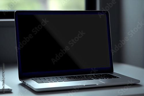 Wallpaper Mural Mockup image of laptop with blank desktop screen on table in modern cafe with nature background, AI Generated Torontodigital.ca