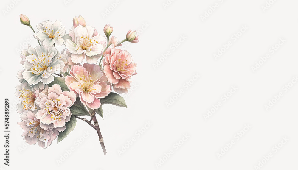 Branch of sakura flowers. Watercolor style tender image, light colors. Banner with place for text. Springtime greeting card. Generative AI.