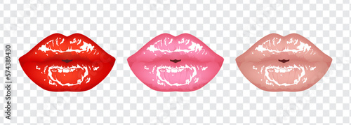 Beautiful bright female sexy glossy lips of red, pink and beige nude colors, kiss. Set of isolated vector illustrations on a transparent background