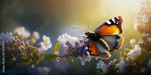 Beautiful butterfly Fluttering Amongst the colorful Spring Flowers. Blooming Flowers with amazing Bokeh and Featuring a elegant butterfly at beautiful Sunrise. Ai generated art © Shootdiem