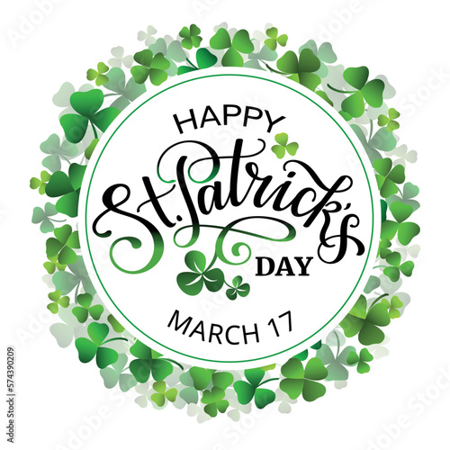 Happy Saint Patricks day banner with lettering, clover wreath and leaves.