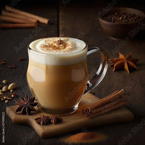 cup of chai latte with cinnamon sticks