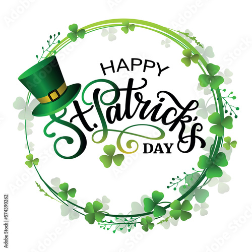 Happy Saint Patricks day banner with lettering, clover wreath and green hat.