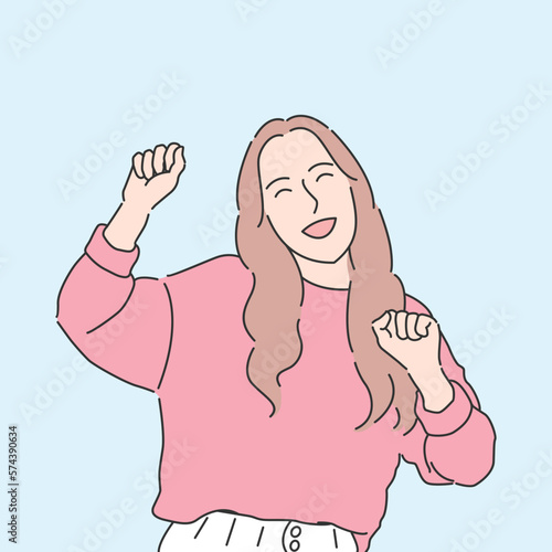 A happy woman waving her hands up. Hand drawn style vector design illustrations.