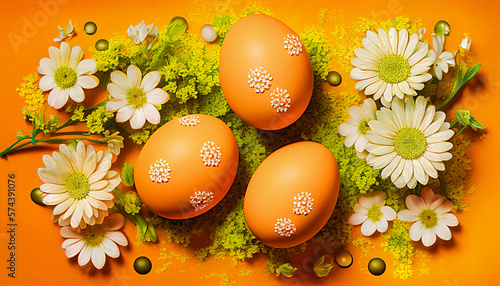 Easter eggs on orange  background new quality universal colorful technology stock image illustration design, generative ai photo