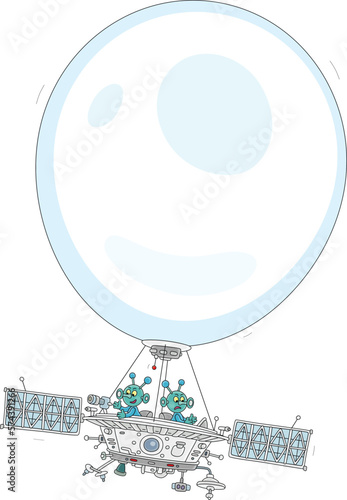Funny aliens scouts spying and flying in an espionage air balloon with solar panels and reconnaissance equipment, vector cartoon illustration isolated on a white background