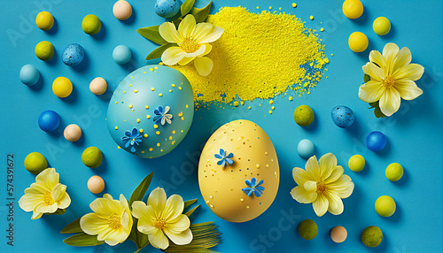 Easter eggs on yellow blue background new quality universal colorful technology stock image illustration design, generative ai