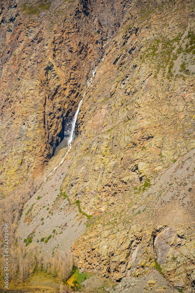View from mountain pass Katu-Yaryk of waterfall, which falls from a cliff in, Altai, Russia View from mountain pass Katu-Yaryk of waterfall, which falls from a cliff in, Altai, Russia