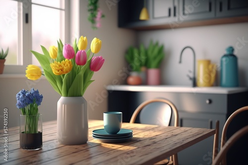 Wallpaper Mural Minimalistic kitchen interior design with tulips in vase and pleasant color accents. Torontodigital.ca