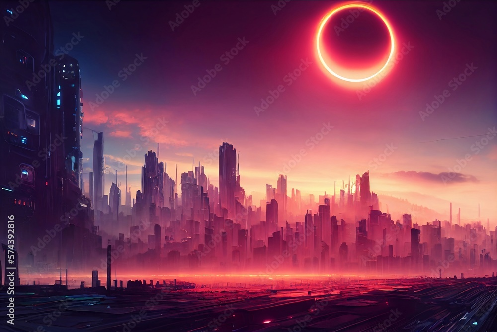 Sun over a futuristic city