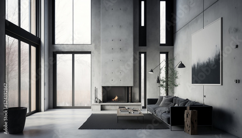 Stylish loft living room interior with panoramic window and black sofa  Generative AI