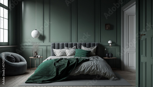 Home interior background, cozy green bedroom with big bed and armchair, modern style, Generative AI