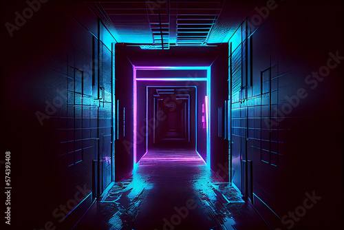Rectangular Laser Blue Purple Glowing Sci Fi Neon Frame. Concrete Reflective Floor. Metallic Texture. Cyberpunk Synth Tunnel Corridor. Garage Warehouse in Virtual Reality. Dark Scene. Generative Ai
