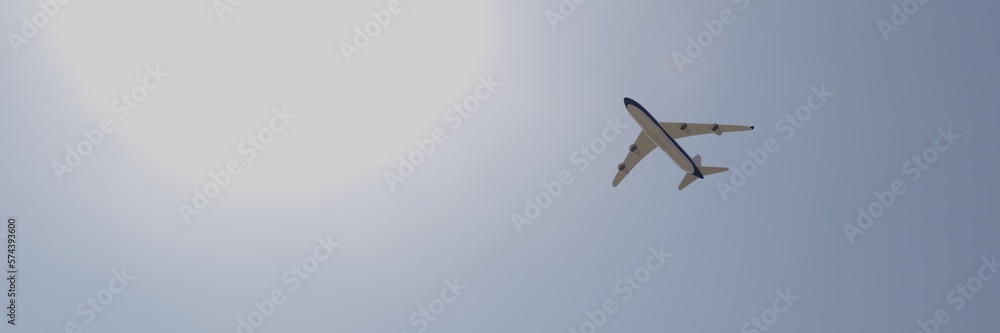 Airplane flying on a blue sky with bright sun. Conceptual holiday or travel background template with empty space for text. Airplane flying on a blue sky with bright sun. Conceptual holiday or travel background template with empty space for text.