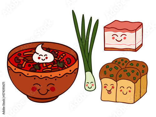 Traditional cuisine of Ukraine. Set that includes borscht, salo, pampushky,green onion.