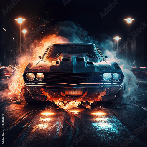 Cool generic muscle car spinning hot tires illustrated using generative AI