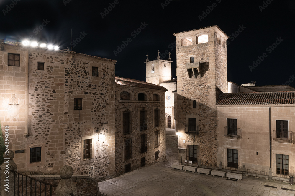 Night photographs of the old town of the monumental city of Cáceres, Extremadura, Spain. UNESCO World Heritage Site since 1986.