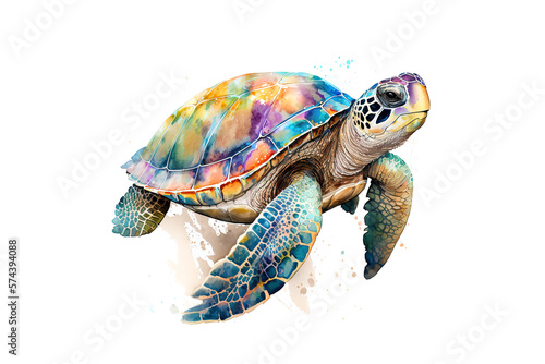 turtle draw multicolored watercolor paints isolated on white background. AI generated photo
