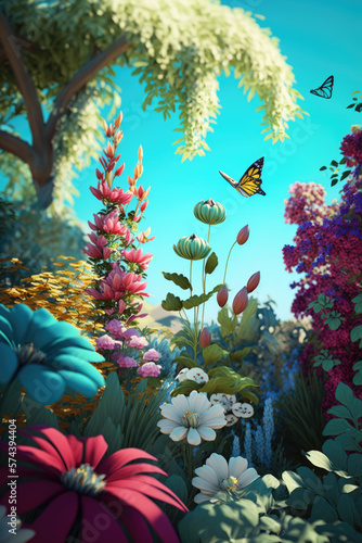 Magical blooming garden. Incredibly detailed and colorful landscape with blue Sky, lush greenery, and sun light. AI-Generated illustration