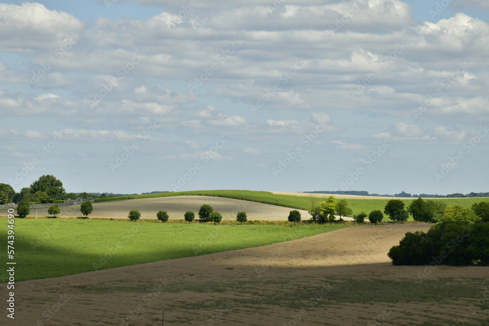 Dégradé de couleurs sombres et claires sur les champs cultivables à perte de vue entre le Puy de Versac et Goût-Rossignol au Périgord Vert 