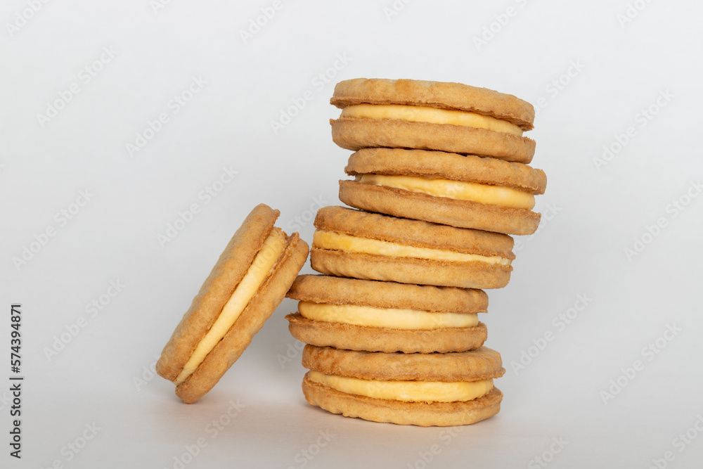 Sandwich cookies with cream on white background. Sandwich cookies with cream on white background.