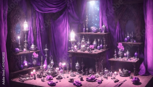 Fantasy room with purple background, cloth and religious Arabic candle and psychic crystal balls