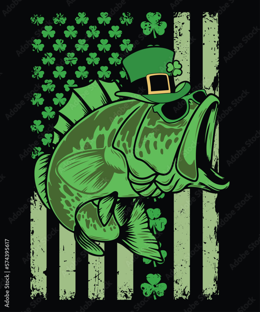 American Flag Fishing St. Patrick's Day T-shirt, St. Patrick's Day USA Flag  Fishing Shirt, Shamrock American Flag Shirt Print Template Stock Vector
