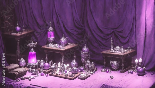 Fantasy room with purple background, cloth and religious Arabic candle and psychic crystal balls