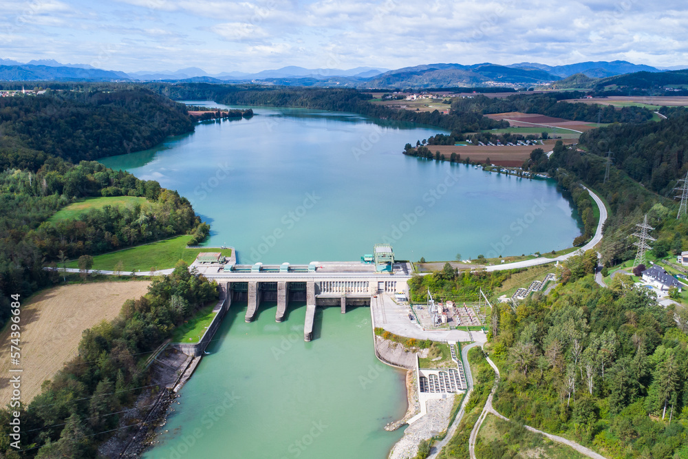 Aerial view of the water power plant Endling at the river Drau Aerial view of the water power plant Endling at the river Drau