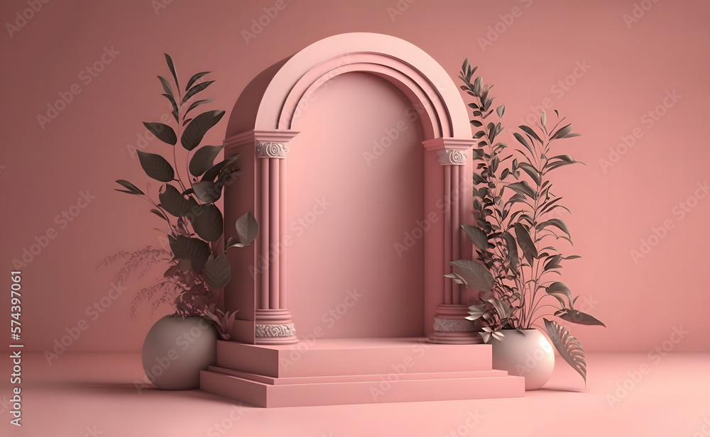 Podium mockup with arch and plants in pink, 3d render stage for showcase, Product display Presentation. Podium mockup with arch and plants in pink, 3d render stage for showcase, Product display Presentation.