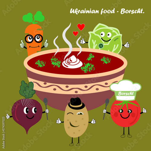 Ukrainian national food borscht. The vegetables around the pot are smiling and praising the borscht. Vector illustration.