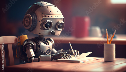 A futuristic little robot studies in the classroom, Generative ai
