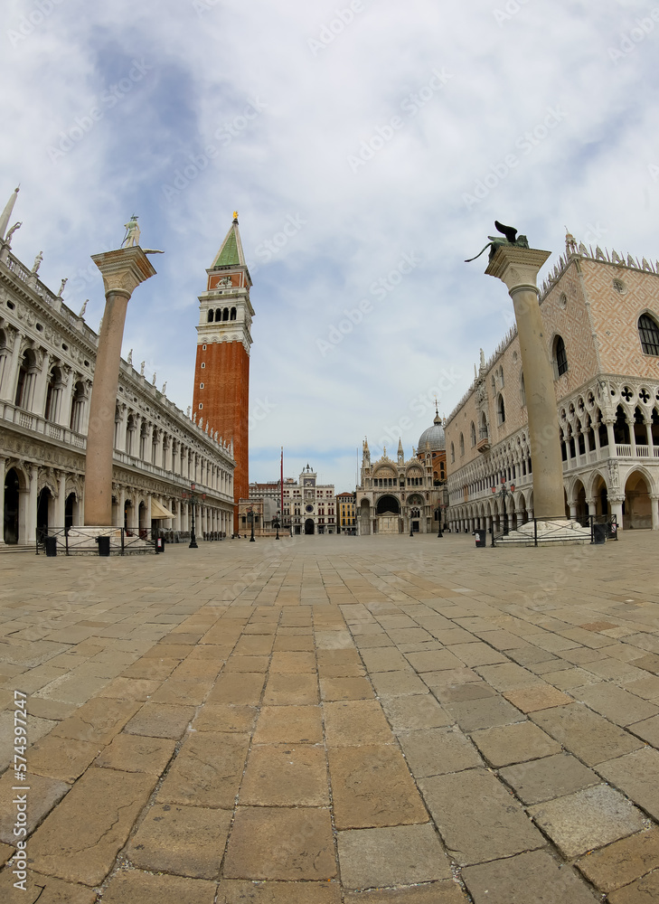 rare photo of Saitn Mark Square called Piazza San Marco in Venice with very few people during the lockdown