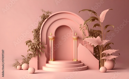 Podium mockup with arch and plants in pink, 3d render stage for showcase, Product display Presentation.