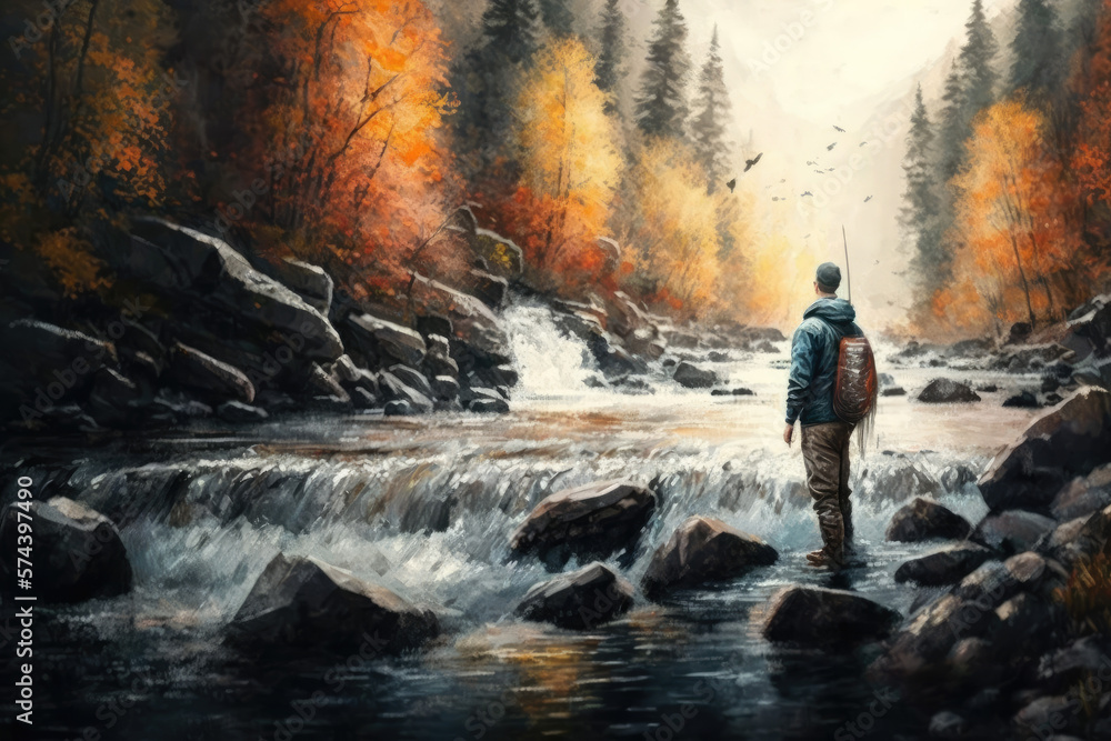 Man fishing on a wild river in the mountains in autumn. Illustration. Generative AI