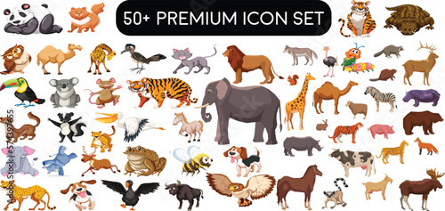 set of animals |  Mega set of cute cartoon animals: wild animals, marina animals.Vector illustration isolated on white background | Animal icons: farm, zoo, wildlife animals, Vector illustration 