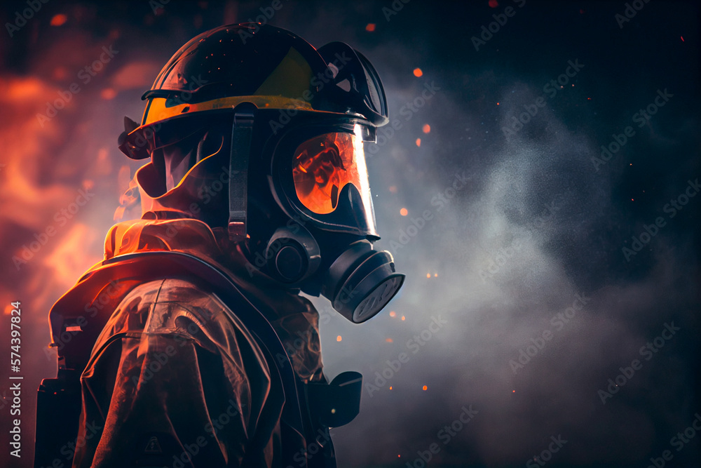 Side view of a firefighter with gas mask and helmet on dark background
