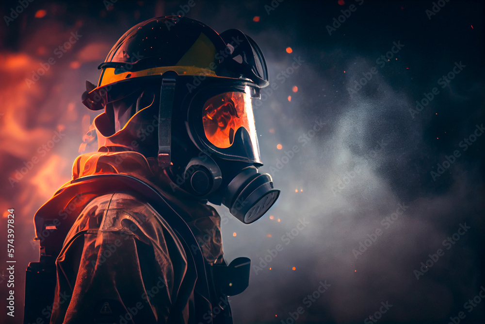 Side View Of A Firefighter With Gas Mask And Helmet On Dark Background With Smoke Copy Space