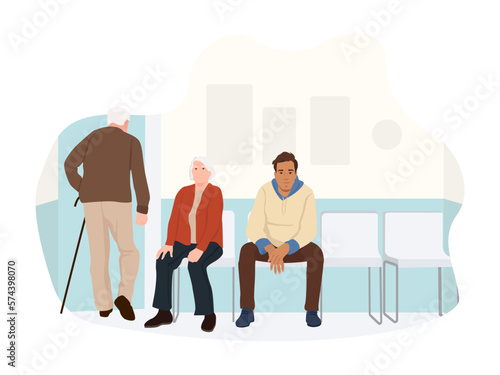 People waiting in line for doctor in hospital.