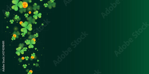 The Background of St. Patrick's Day with Green Shamrocks and Lucky Gold Coins