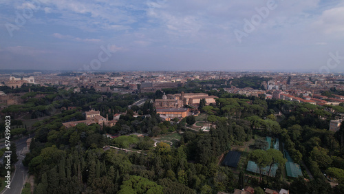 Aerial view of the Colosseum in Rome, Italy. The ancient Roman Colosseum is one of the main tourist attractions in Europe.