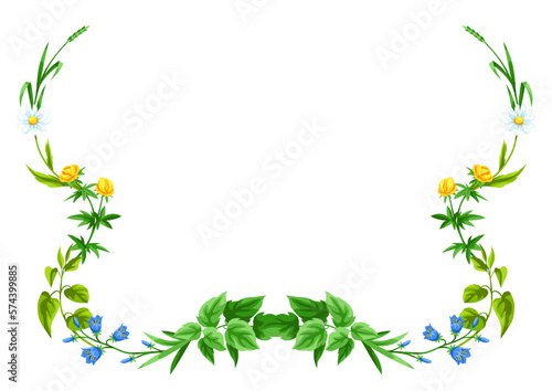 Frame with meadow flowers. Herbs and cereal grass. Beautiful decorative spring plants.