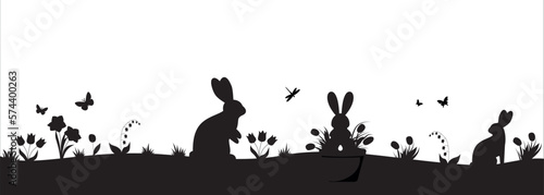 Easter illustration with rabbit and grass and eggs.Easter Background with rabbit and easter eggs. Silhouette vector graphics.