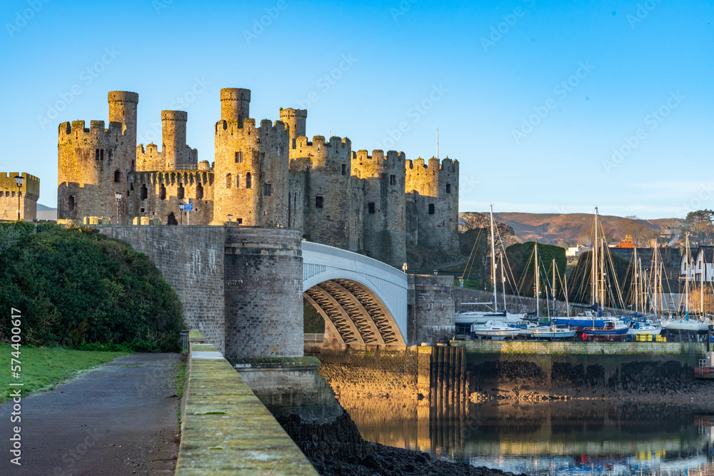 Conwy castle and town at sunrise North Wales