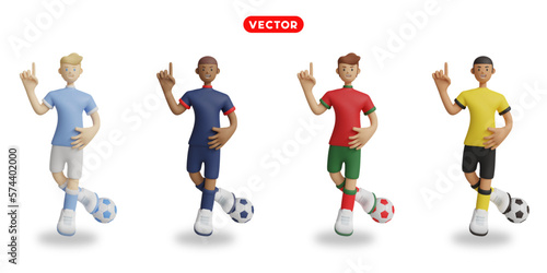 Football players in sky blue, blue, red with green, and yellow uniforms.