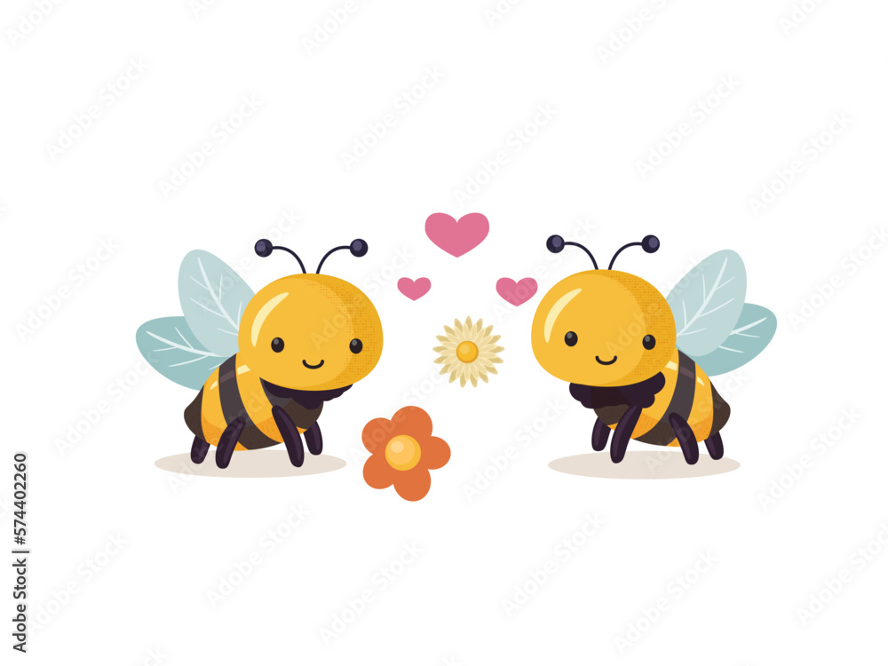 Enamored bees in the meadow. Cartoon bee cute characters in flat style.