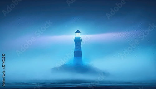 "Mystical Lighthouse" - A mesmerizing and minimalist lighthouse landscape, with a mystical and enchanting mood. The lighthouse is shrouded in dense and colorful fog