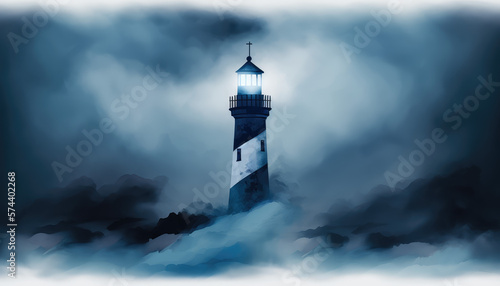 "Mystical Lighthouse" - A mesmerizing and minimalist lighthouse landscape, with a mystical and enchanting mood. The lighthouse is shrouded in dense and colorful fog