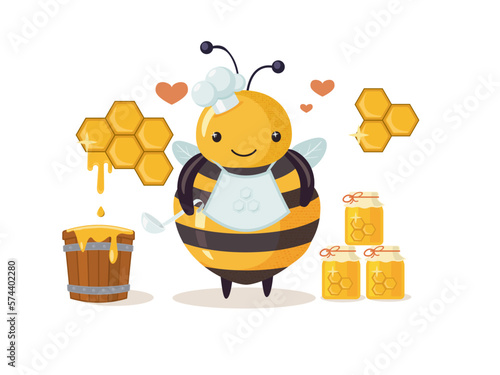 Plump glutton drone adoring honey. Cartoon bee cute character in flat style.