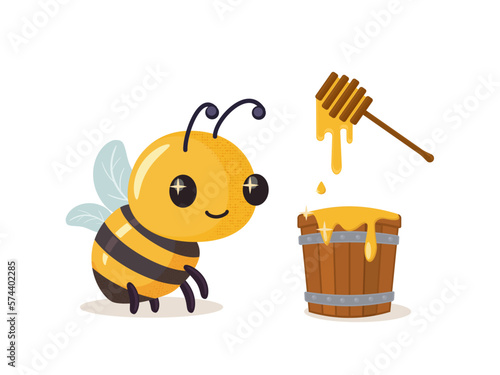 Bee loves honey. Cartoon bee cute character in flat style. Vector illustration.
